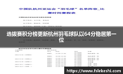 选拔赛积分榜更新杭州羽毛球队以64分稳居第一位